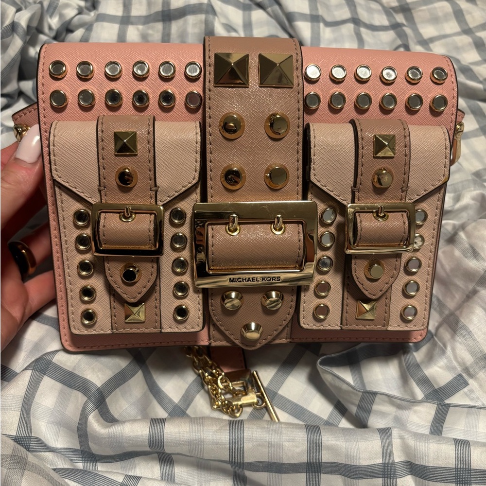 Michael Kors Gold Pink Crossbody Bag with Studded Details